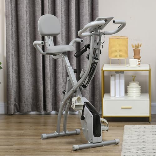 HOMCOM Bicicleta Estática Plegable Regulable en Altura Resistencia Magnética Ajustable Bicicleta de Ejercicio Fitness con Pantalla LCD y Asiento con Respaldo 97x51x115 cm Gris