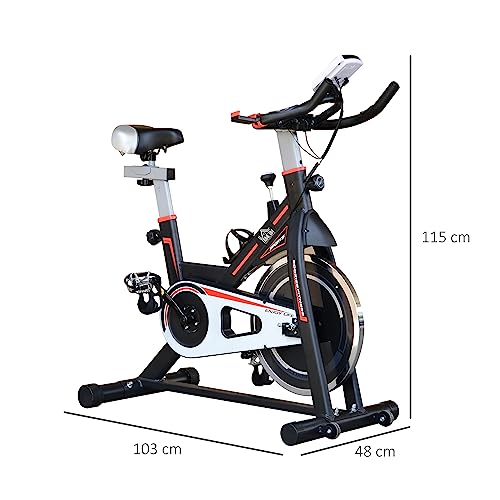 HOMCOM Bicicleta Estática Resistencia Ajustable Bicicleta Fitness Ciclo Indoor con Volante Inercia 8 kg Pantalla LCD con Pulsómetro Sillín y Manillar Ajustables Soporte para Tableta 103x48x115 cm