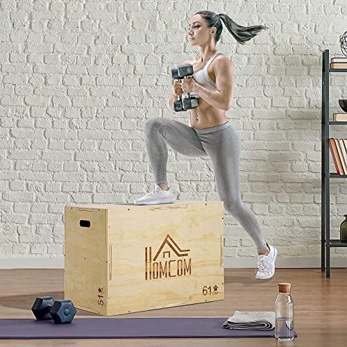 HOMCOM Caja Pliométrica de Madera 3 en 1 Caja de Salto con 2 Mango Hueco Entrenamiento de Fuerza en Casa Oficina Gimnasia Crossfit Carga 120 kg 61x51x76 cm Madera Natural