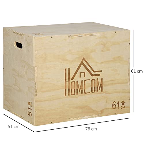 HOMCOM Caja Pliométrica de Madera 3 en 1 Caja de Salto con 2 Mango Hueco Entrenamiento de Fuerza en Casa Oficina Gimnasia Crossfit Carga 120 kg 61x51x76 cm Madera Natural