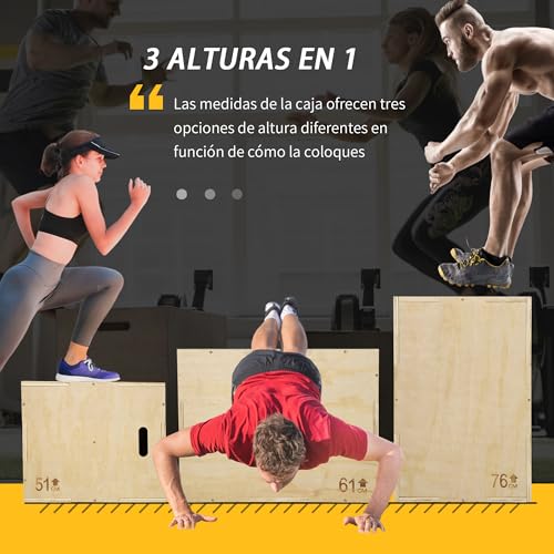 HOMCOM Caja Pliométrica de Madera 3 en 1 Caja de Salto con 2 Mango Hueco Entrenamiento de Fuerza en Casa Oficina Gimnasia Crossfit Carga 120 kg 61x51x76 cm Madera Natural