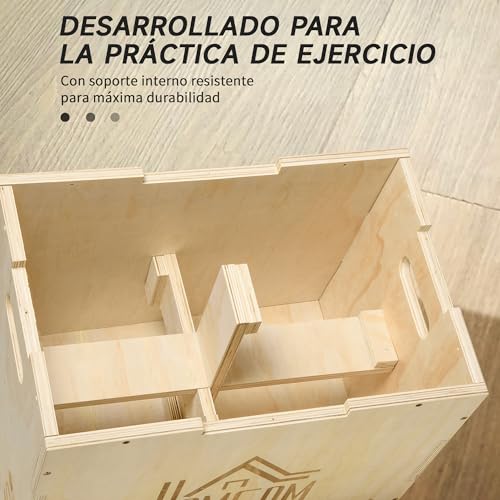 HOMCOM Caja Pliométrica de Madera 3 en 1 Caja de Salto con 2 Mango Hueco Entrenamiento de Fuerza en Casa Oficina Gimnasia Crossfit Carga 120 kg 61x51x76 cm Madera Natural