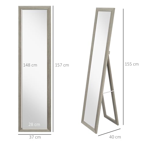 HOMCOM Espejo de Cuerpo Entero 37x157 cm Espejo de Pie Espejo de Pared Forma Rectangular con Marco de Madera Decorativo para Salón Dormitorio Pasillo Gris