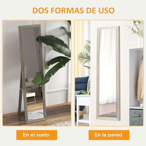 HOMCOM Espejo de Cuerpo Entero 37x157 cm Espejo de Pie Espejo de Pared Forma Rectangular con Marco de Madera Decorativo para Salón Dormitorio Pasillo Gris