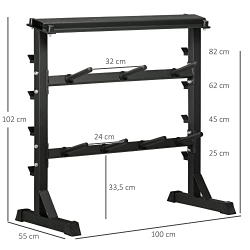 HOMCOM Estante para Mancuernas de 3 Niveles Soporte de Almacenamiento de Pesas y Discos para Fitness Gimnasio en Casa Carga Max. 300 kg 100x55x102 cm Negro