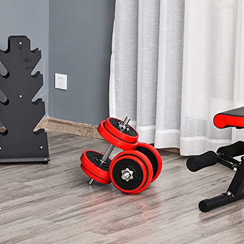 HOMCOM Juego de Mancuernas 20 kg Ajustables 2 en 1 con 8 Discos 2 Barras y Biela Ajustable para Entrenamiento de Fuerza Levantamiento de Pesas Hogar Gimnasio Oficina Negro y Rojo