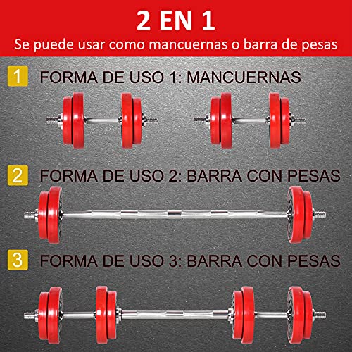 HOMCOM Juego de Mancuernas 20 kg Ajustables 2 en 1 con 8 Discos 2 Barras y Biela Ajustable para Entrenamiento de Fuerza Levantamiento de Pesas Hogar Gimnasio Oficina Negro y Rojo