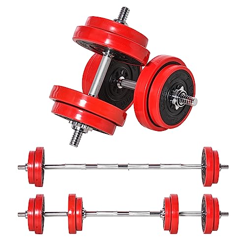 HOMCOM Juego de Mancuernas 20 kg Ajustables 2 en 1 con 8 Discos 2 Barras y Biela Ajustable para Entrenamiento de Fuerza Levantamiento de Pesas Hogar Gimnasio Oficina Negro y Rojo