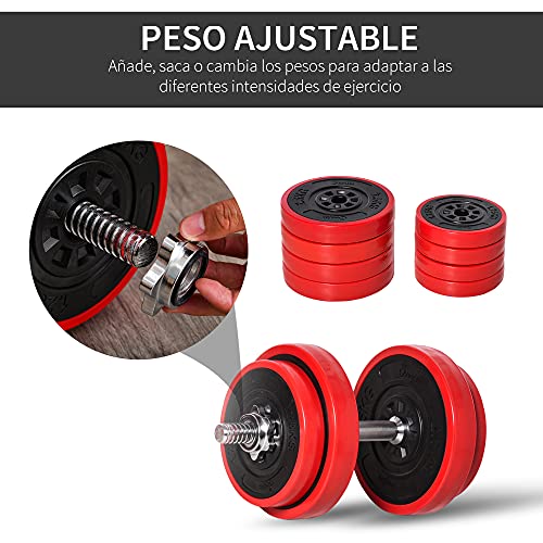 HOMCOM Juego de Mancuernas 20 kg Ajustables 2 en 1 con 8 Discos 2 Barras y Biela Ajustable para Entrenamiento de Fuerza Levantamiento de Pesas Hogar Gimnasio Oficina Negro y Rojo