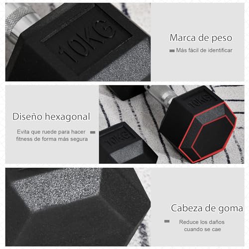 HOMCOM Juego de Mancuernas de 10kg con Barra de Conexión Metálica y Cabeza Hexagonal Juego de Pesas 20kg Total para Entrenamiento en Casa Gimnasio Oficina Negro y Plata