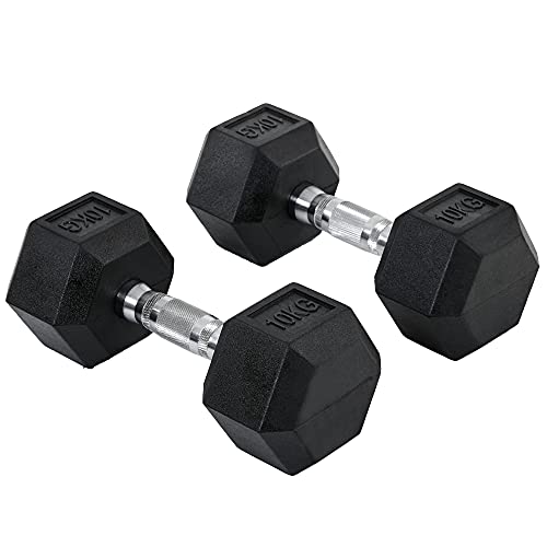 HOMCOM Juego de Mancuernas de 10kg con Barra de Conexión Metálica y Cabeza Hexagonal Juego de Pesas 20kg Total para Entrenamiento en Casa Gimnasio Oficina Negro y Plata