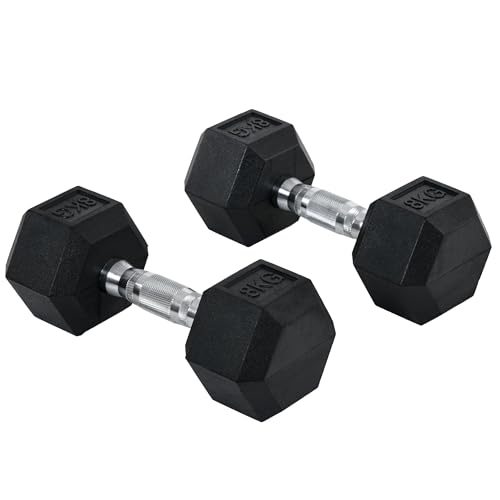 HOMCOM Juego de Mancuernas de 8kg con Barra de Conexión Metálica y Cabeza Hexagonal Juego de Pesas 16kg Total para Entrenamiento en Casa Gimnasio Oficina Negro y Plata