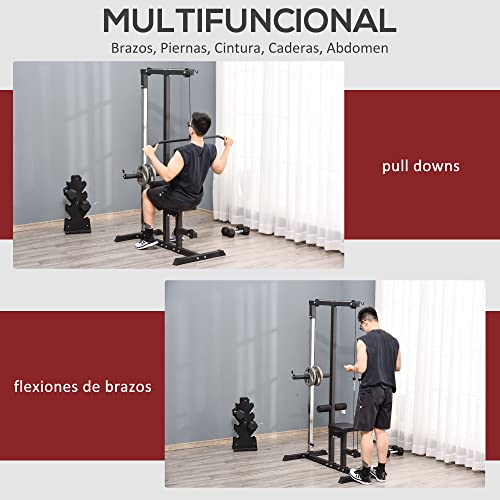 HOMCOM Máquina de Musculación Estación de Entrenamiento con Polea y Asiento Regulable para Fitness Entrenamiento en Gimnasio Hogar Oficina Carga Máx. 100 kg 107x120x190 cm Negro