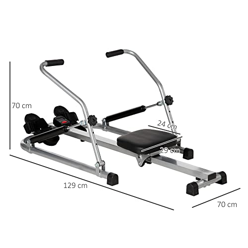 HOMCOM Máquina de Remo Hidráulico Plegable con 3 Niveles de Resistencia Monitor Digital y Pedal Antideslizante para Fitness en Casa Acero 129x70x70 cm Negro y Plata