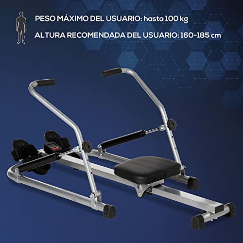 HOMCOM Máquina de Remo Hidráulico Plegable con 3 Niveles de Resistencia Monitor Digital y Pedal Antideslizante para Fitness en Casa Acero 129x70x70 cm Negro y Plata