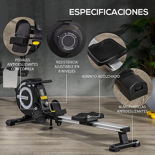 HOMCOM Máquina de Remo Plegable con 8 Niveles de Resistencia Magnética Volante de 4kg Monitor LCD Silencioso Carga 120kg para Fitness Entrenamiento en Casa Acero Aluminio 185x58x57 cm Negro y Plata