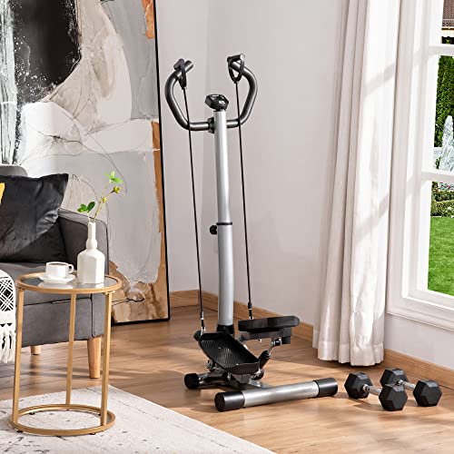 HOMCOM Máquina de Step Stepper Fitness con Manillar Altura Ajustable Pantalla LCD Cintas y Pedales Antideslizantes Equipo de Ejercicio para Gimnasio en Casa 55x53x118-128 cm Plata