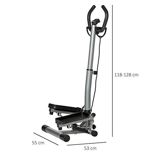 HOMCOM Máquina de Step Stepper Fitness con Manillar Altura Ajustable Pantalla LCD Cintas y Pedales Antideslizantes Equipo de Ejercicio para Gimnasio en Casa 55x53x118-128 cm Plata