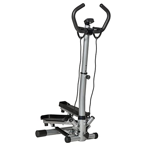 HOMCOM Máquina de Step Stepper Fitness con Manillar Altura Ajustable Pantalla LCD Cintas y Pedales Antideslizantes Equipo de Ejercicio para Gimnasio en Casa 55x53x118-128 cm Plata