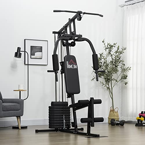 HOMCOM Multiestación Máquina de Musculación con Estribo para Piernas Placas de Peso de 45 kg Carga MAX. 110 kg para Entrenamiento Fitness en Hogar Gimnasio 135x103x200 cm Negro