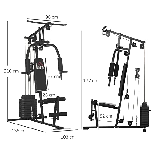 HOMCOM Multiestación Máquina de Musculación con Estribo para Piernas Placas de Peso de 45 kg Carga MAX. 110 kg para Entrenamiento Fitness en Hogar Gimnasio 135x103x200 cm Negro