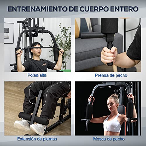 HOMCOM Multiestación Máquina de Musculación con Estribo para Piernas Placas de Peso de 45 kg Carga MAX. 110 kg para Entrenamiento Fitness en Hogar Gimnasio 135x103x200 cm Negro