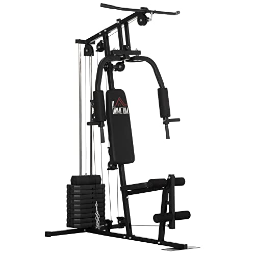 HOMCOM Multiestación Máquina de Musculación con Estribo para Piernas Placas de Peso de 45 kg Carga MAX. 110 kg para Entrenamiento Fitness en Hogar Gimnasio 135x103x200 cm Negro