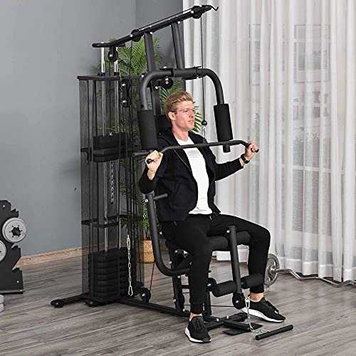 HOMCOM Multiestación Máquina de Musculación con Estribo para Piernas Placas de Peso de 45 kg Carga MAX. 120 kg para Entrenamiento Fitness en Hogar Gimnasio 150x110x210 cm Negro