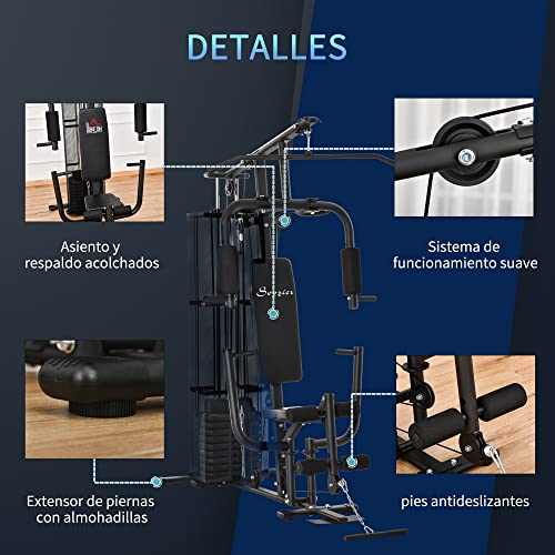 HOMCOM Multiestación Máquina de Musculación con Estribo para Piernas Placas de Peso de 45 kg Carga MAX. 120 kg para Entrenamiento Fitness en Hogar Gimnasio 150x110x210 cm Negro