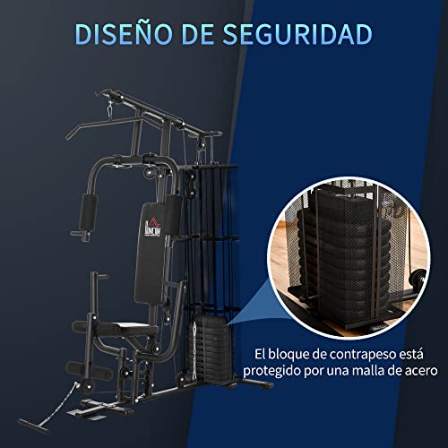 HOMCOM Multiestación Máquina de Musculación con Estribo para Piernas Placas de Peso de 45 kg Carga MAX. 120 kg para Entrenamiento Fitness en Hogar Gimnasio 150x110x210 cm Negro