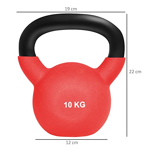 HOMCOM Pesa Rusa de 10 kg de Hierro Fundido Kettlebell con Revestimiento de Neopreno y Mango Ancho Mancuernas de Bola para Entrenamiento de Fuerza en Gimnasio Casa 19x12x22 cm Rojo