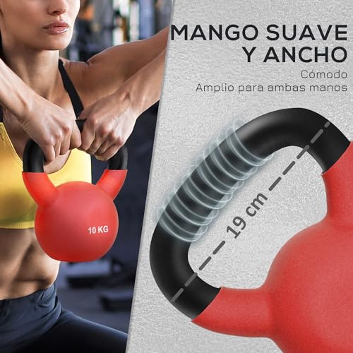 HOMCOM Pesa Rusa de 10 kg de Hierro Fundido Kettlebell con Revestimiento de Neopreno y Mango Ancho Mancuernas de Bola para Entrenamiento de Fuerza en Gimnasio Casa 19x12x22 cm Rojo