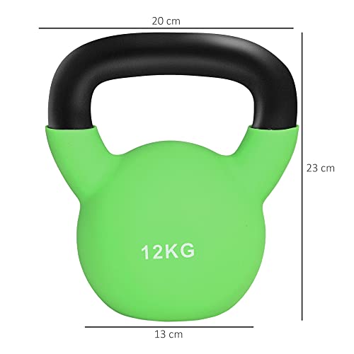 HOMCOM Pesa Rusa de 12 kg de Hierro Fundido Kettlebell con Revestimiento de Neopreno y Mango Ancho Mancuernas de Bola para Entrenamiento de Fuerza en Gimnasio Casa 20x13x23 cm Verde