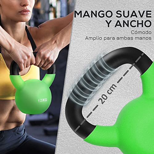 HOMCOM Pesa Rusa de 12 kg de Hierro Fundido Kettlebell con Revestimiento de Neopreno y Mango Ancho Mancuernas de Bola para Entrenamiento de Fuerza en Gimnasio Casa 20x13x23 cm Verde