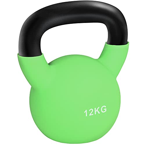 HOMCOM Pesa Rusa de 12 kg de Hierro Fundido Kettlebell con Revestimiento de Neopreno y Mango Ancho Mancuernas de Bola para Entrenamiento de Fuerza en Gimnasio Casa 20x13x23 cm Verde