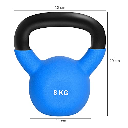 HOMCOM Pesa Rusa de 8 kg de Hierro Fundido Kettlebell con Revestimiento de Neopreno y Mango Ancho Mancuernas de Bola para Entrenamiento de Fuerza en Gimnasio Casa 18x11x20 cm Azul