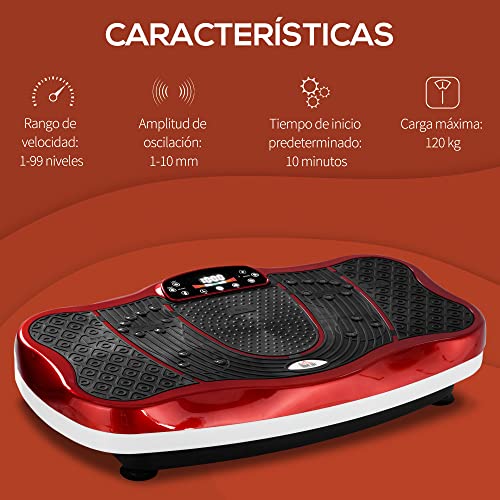 HOMCOM Plataforma Vibratoria Placa Máquina de Drenaje Linfático para Pérdida de Peso con Pantalla LED Velocidad Ajustable USB Mando a Distancia y Banda Elástica para Casa 78x45x13 cm Negro y Rojo