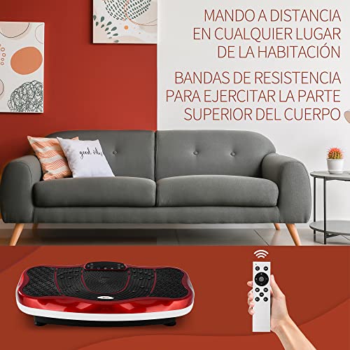 HOMCOM Plataforma Vibratoria Placa Máquina de Drenaje Linfático para Pérdida de Peso con Pantalla LED Velocidad Ajustable USB Mando a Distancia y Banda Elástica para Casa 78x45x13 cm Negro y Rojo