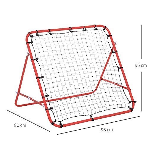 HOMCOM Red de Béisbol Red de Rebote Reboteador de Metal con Ángulo Ajustable y 20 Cuerdas Elásticas para Entrenamiento de Fútbol Tenis Deportes 96x80x96 cm Rojo