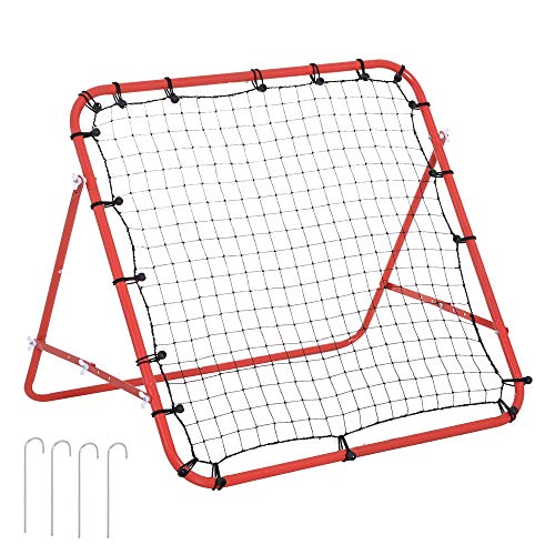 HOMCOM Red de Béisbol Red de Rebote Reboteador de Metal con Ángulo Ajustable y 20 Cuerdas Elásticas para Entrenamiento de Fútbol Tenis Deportes 96x80x96 cm Rojo