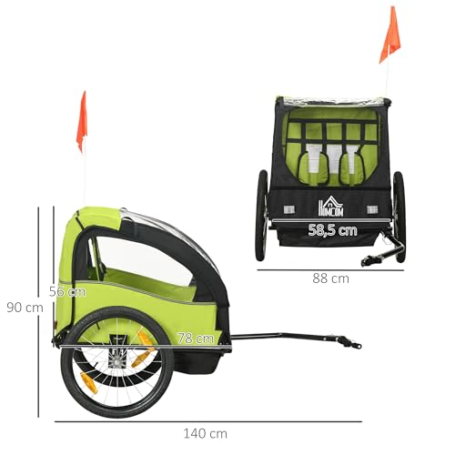 HOMCOM Remolque de Bicicleta para Niños +18 Meses Cochecito para Transporte de 2 Plazas con Cinturón de Seguridad Espacio de Almacenamiento y Sistema de Amortiguador 140x88x90 cm Verde