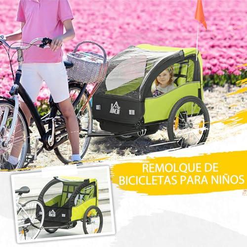 HOMCOM Remolque de Bicicleta para Niños +18 Meses Cochecito para Transporte de 2 Plazas con Cinturón de Seguridad Espacio de Almacenamiento y Sistema de Amortiguador 140x88x90 cm Verde