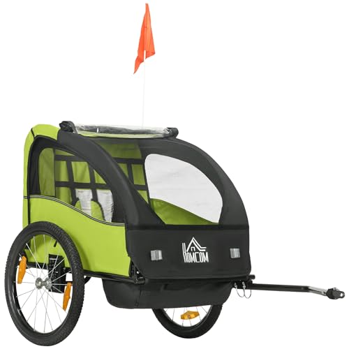 HOMCOM Remolque de Bicicleta para Niños +18 Meses Cochecito para Transporte de 2 Plazas con Cinturón de Seguridad Espacio de Almacenamiento y Sistema de Amortiguador 140x88x90 cm Verde