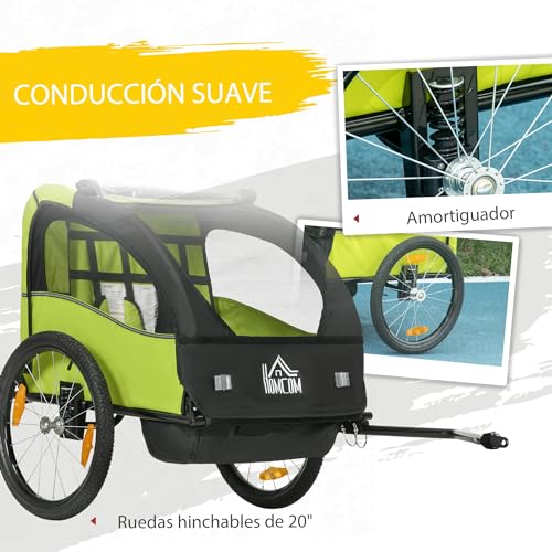 HOMCOM Remolque de Bicicleta para Niños +18 Meses Cochecito para Transporte de 2 Plazas con Cinturón de Seguridad Espacio de Almacenamiento y Sistema de Amortiguador 140x88x90 cm Verde