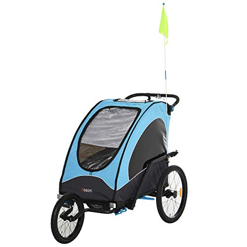 HOMCOM Remolque Infantil 3 en 1 para Bicicleta Carrito para Correr de 2 Plazas para Niños de +6 Meses Plegable Ruedas Giratorias y Manillar Ajustable 150x85x107 cm Azul