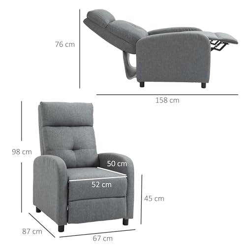 HOMCOM Sillón Relax Manual Sofá Reclinable TV Tapizado en Tela con Reposapiés Carga 150 kg Silla con Respaldo para Salón Dormitorio Gris