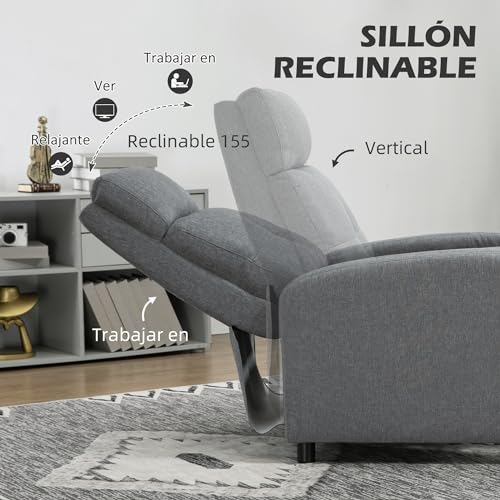 HOMCOM Sillón Relax Manual Sofá Reclinable TV Tapizado en Tela con Reposapiés Carga 150 kg Silla con Respaldo para Salón Dormitorio Gris