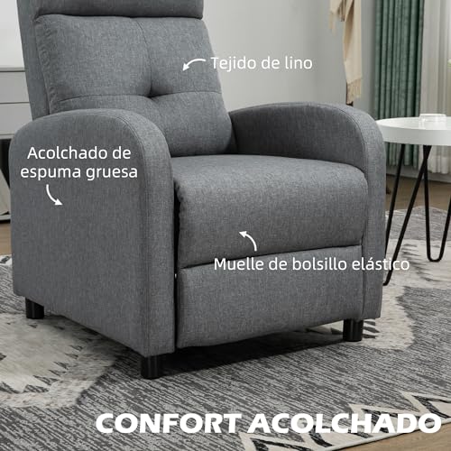 HOMCOM Sillón Relax Manual Sofá Reclinable TV Tapizado en Tela con Reposapiés Carga 150 kg Silla con Respaldo para Salón Dormitorio Gris