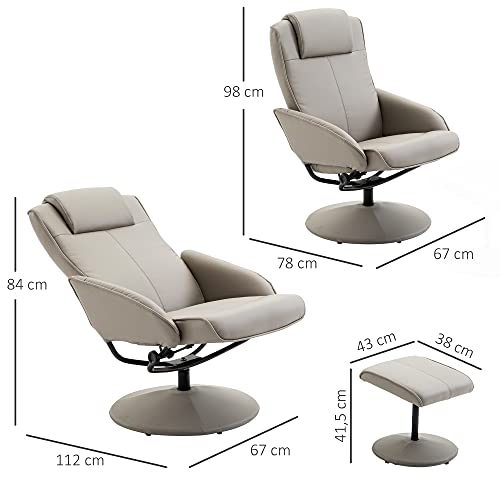 HOMCOM Sillón Relax Reclinable hasta 145° con Taburete Reposapiés Sillón de Salón Giratorio 360° Tapizado en PU y Estructura de Acero 78x67x98 cm Gris