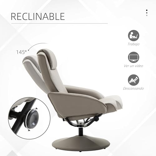 HOMCOM Sillón Relax Reclinable hasta 145° con Taburete Reposapiés Sillón de Salón Giratorio 360° Tapizado en PU y Estructura de Acero 78x67x98 cm Gris